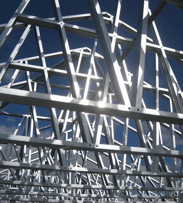 Close-up of galvanized steel roof trusses for Kansas barndo