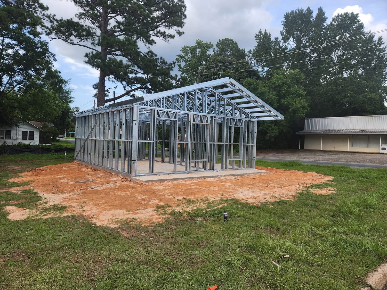 Steel barndominium frame with pitched roof in Kansas